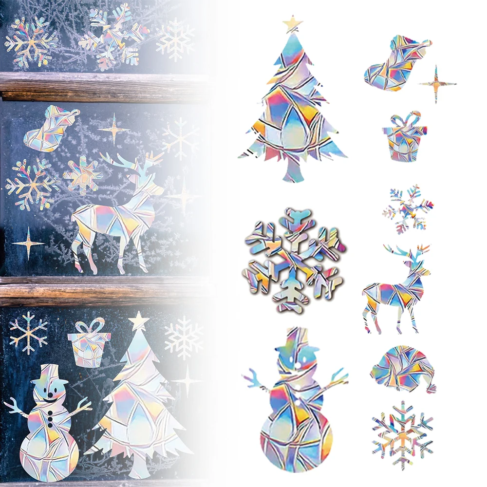 Christmas Window Stickers Static Cling Colorful Elk Tree Design Glue Free Removable Window Decoration for Holiday Home Party
