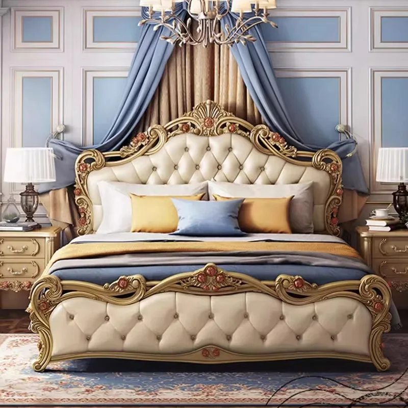 

Pretty King Size Double Bed Frame Mattress Luxury Queen Size Comferter Bed Set Headboard Villa Camas Bedroom Furniture