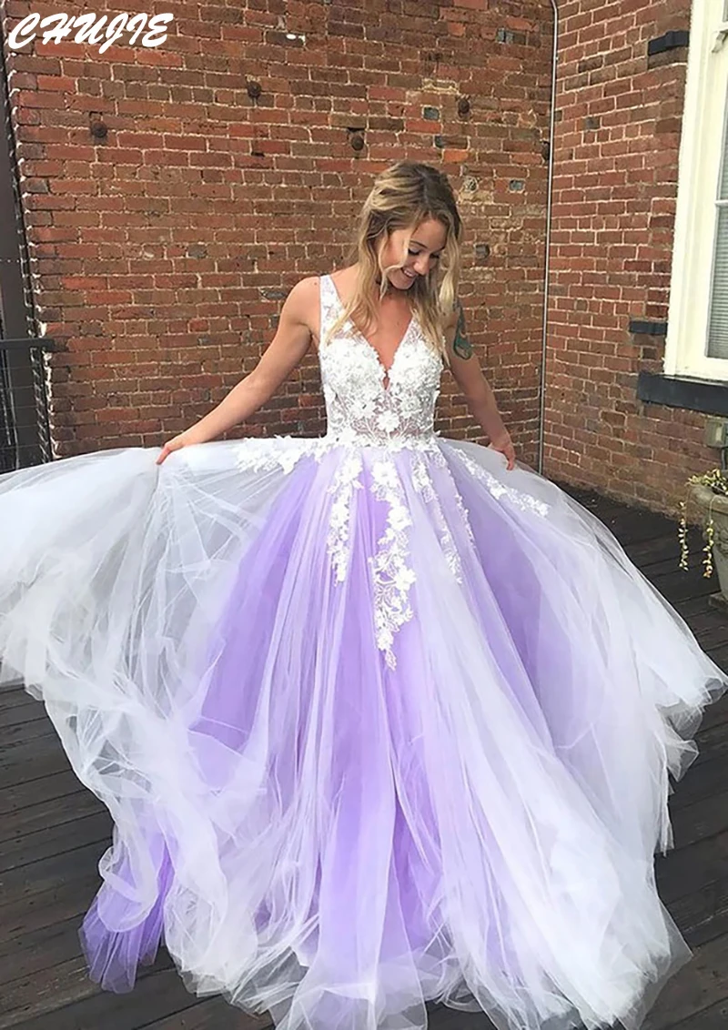 라벤더 Tulle Appliques 댄스 파티 드레스 V 넥 스파게티 스트랩 이브닝 가운 맞춤형 라인 웨딩 파티 드레스 robe soirée