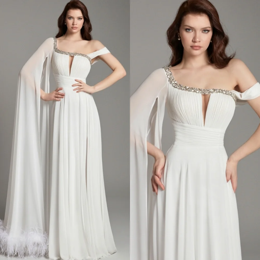 Customized Modern White Chiffon Evening Dress Exquisite One Shoulder Homecoming Dresses Dreamy Feathers Vestido De Festa
