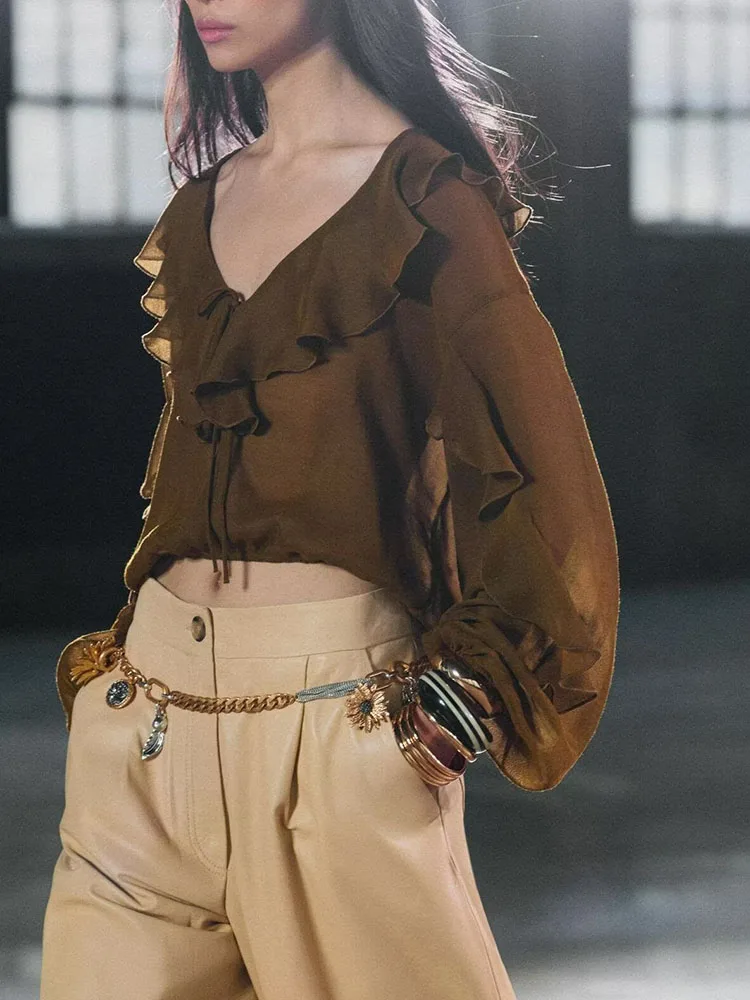 

High-End Layered Decorative Long Sve irt Spring New Arrival Women's Premium Faion Commute Sle Loose Fit V-Ne Pure ...