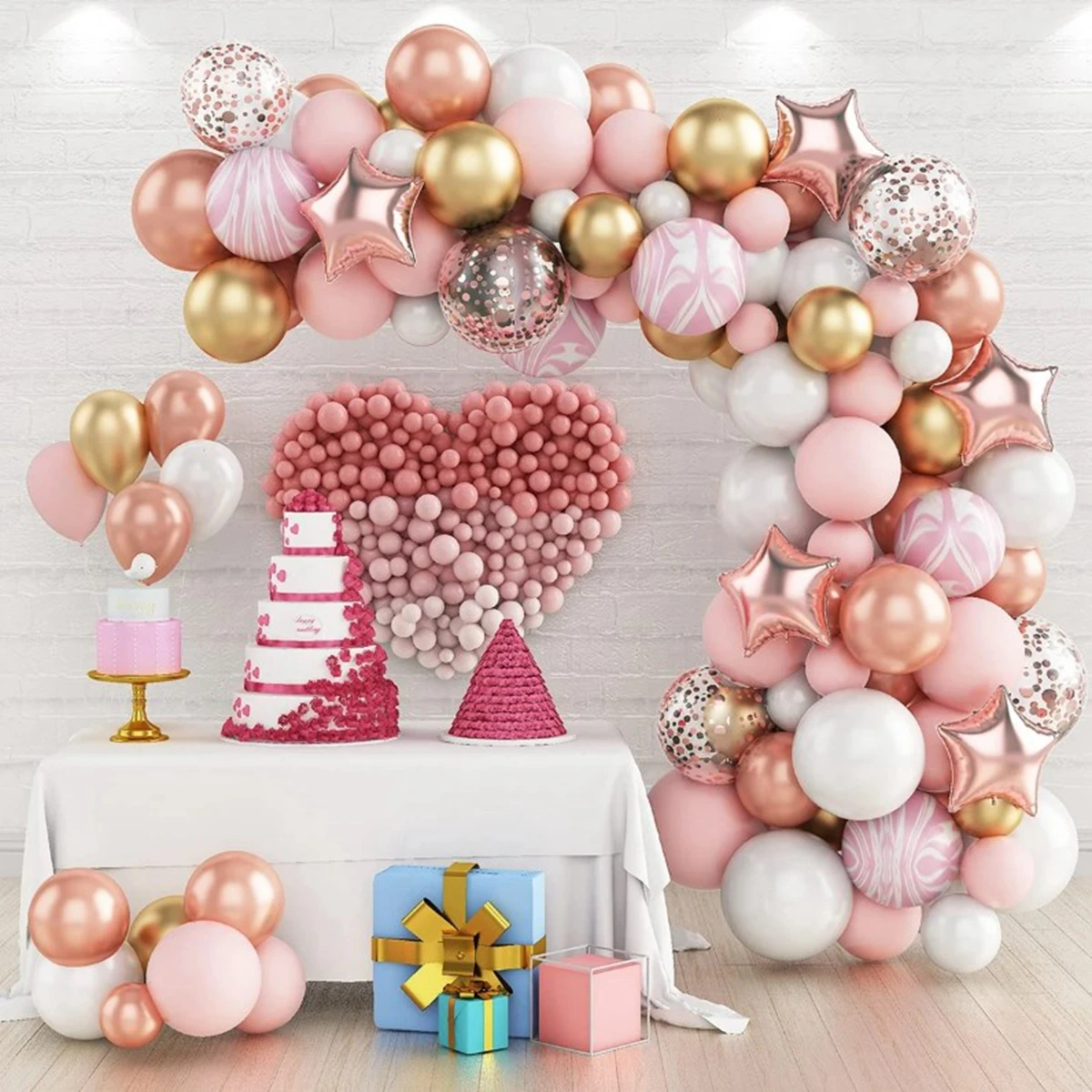 Kit de arco de guirnalda de globos rosa, decoración de fiesta de cumpleaños de boda, confeti de oro rosa para niños, globo de látex, revelación de