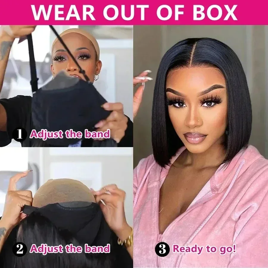 Short Straight Bob Wig, Glue-Free, Ready-to-Wear Real Hair Wig, Pre-Cut 4x4 Elastic Drawstring Upgraded Version