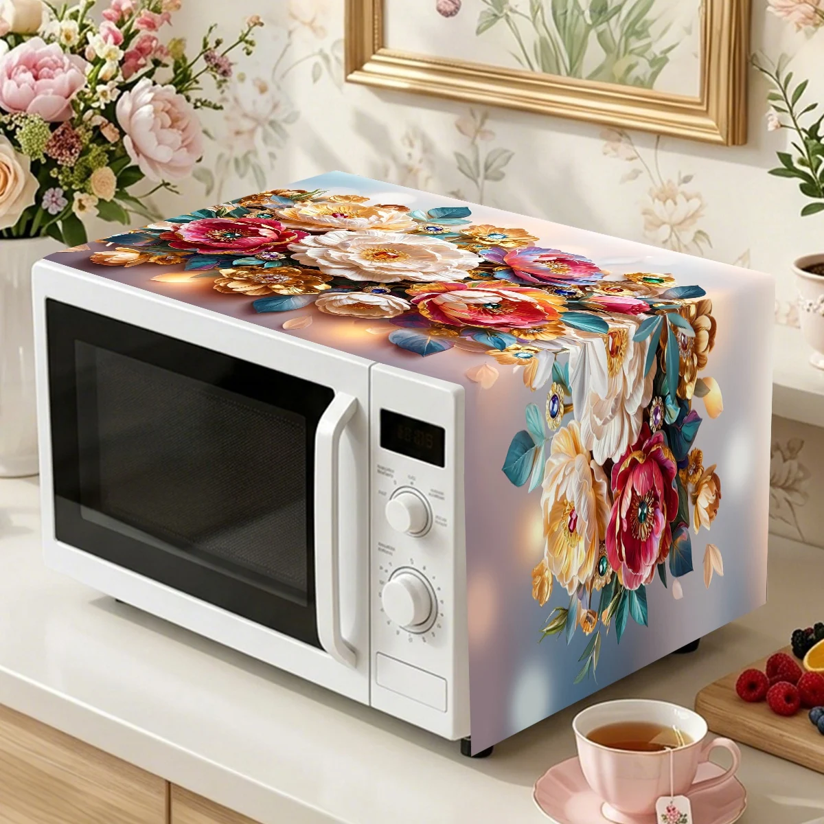 35*85cm Floral Theme Microwave Dust Cover 2D Flat Rose Peony Printed Dust Covers Home Kitchen Appliance Protector Kitchen Decor
