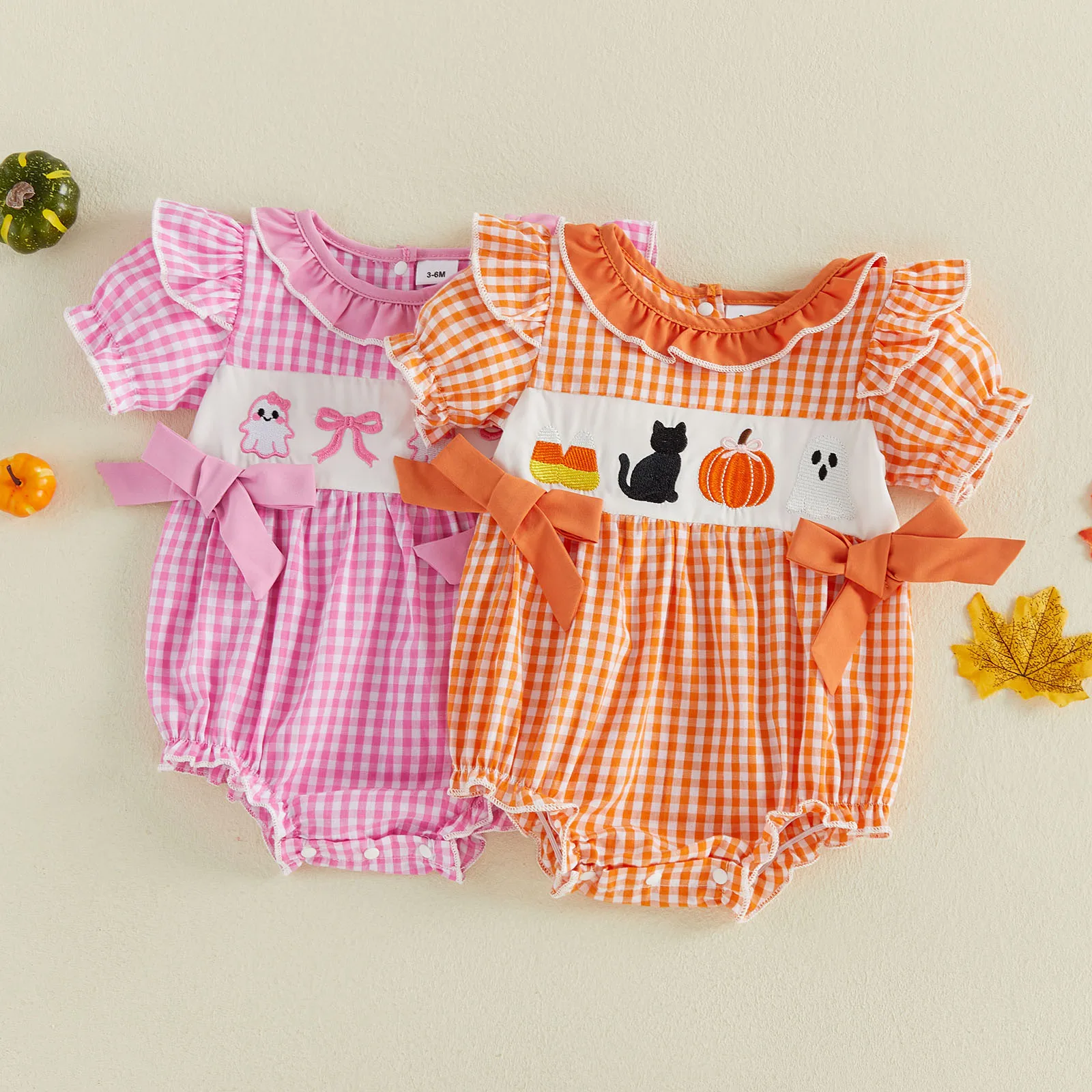 Baby Girl Halloween Romper Pumpkin Ghost Bow Embroidered Plaid Bows Ruffled Trim Crew Neck Short Sleeve Jumpsuit
