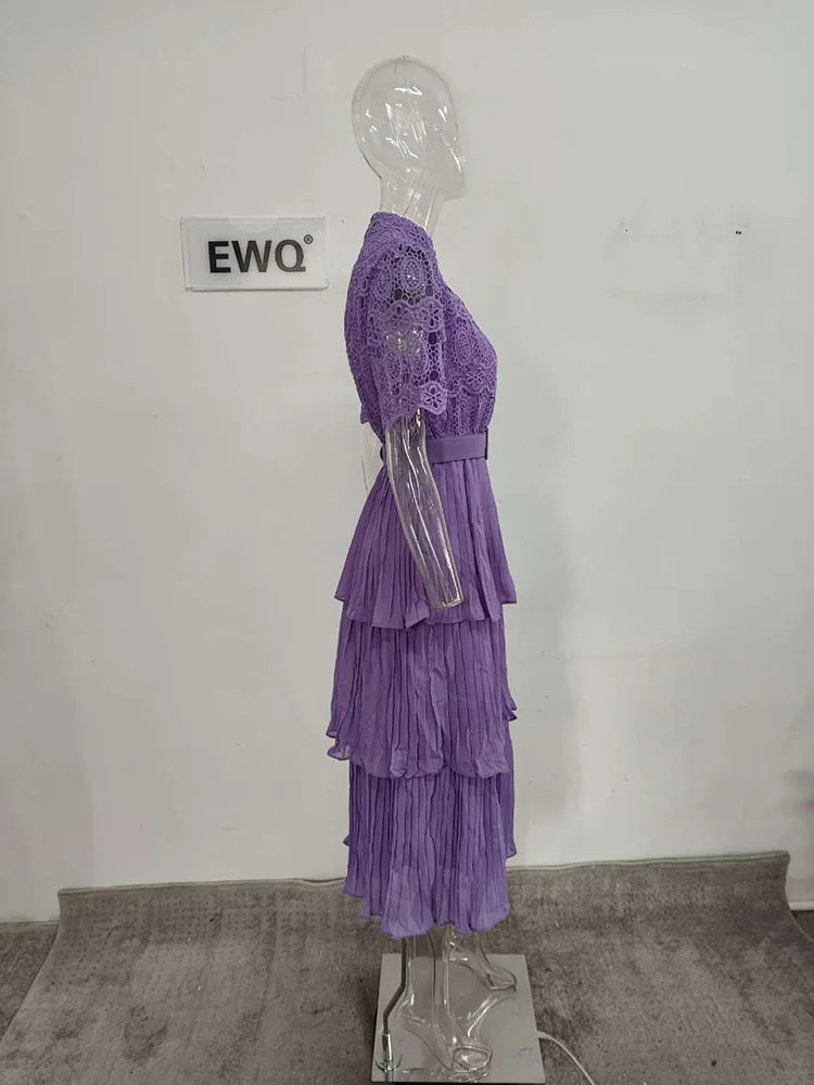 Imagem -04 - Ewq-vestido Plissado de Retalhos de Renda para Mulheres Cintura Alta Manga Curta Monocromático Stand Linha a Elegante Chique Outono Novo 2023