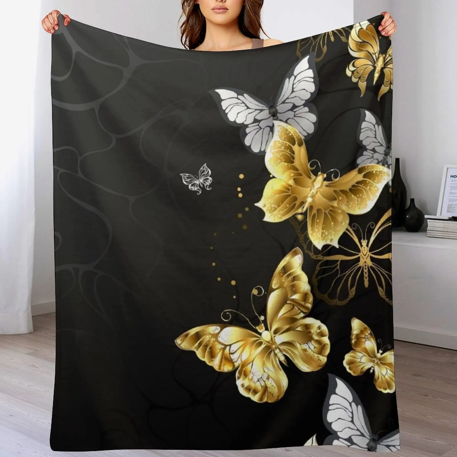 

Gold and White Butterflies Throw Blanket Summer Beddings blankets ands Warm Luxury Throw Blankets