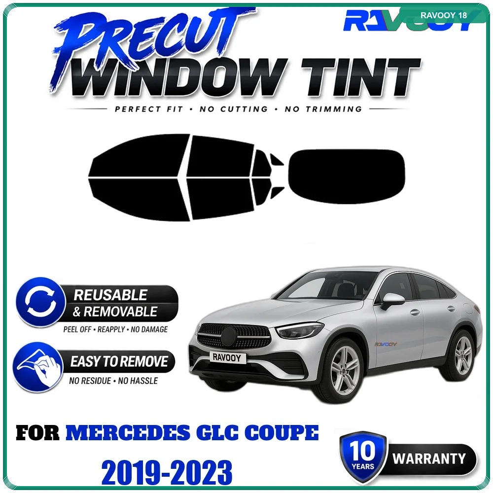 Film teinté pour fenêtres RAVOOY, film EPU réutilisable et amovible, ajustement personnalisé pour Mercedes GLC Coupé 2019-2023, protection contre les UV et la chaleur