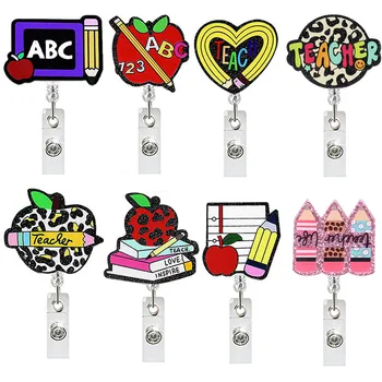 Carrete de insignia retráctil con purpurina, clip para tarjeta de identificación de exposición de estudiantes y profesores, soporte para insignia, cocodrilo giratorio 360