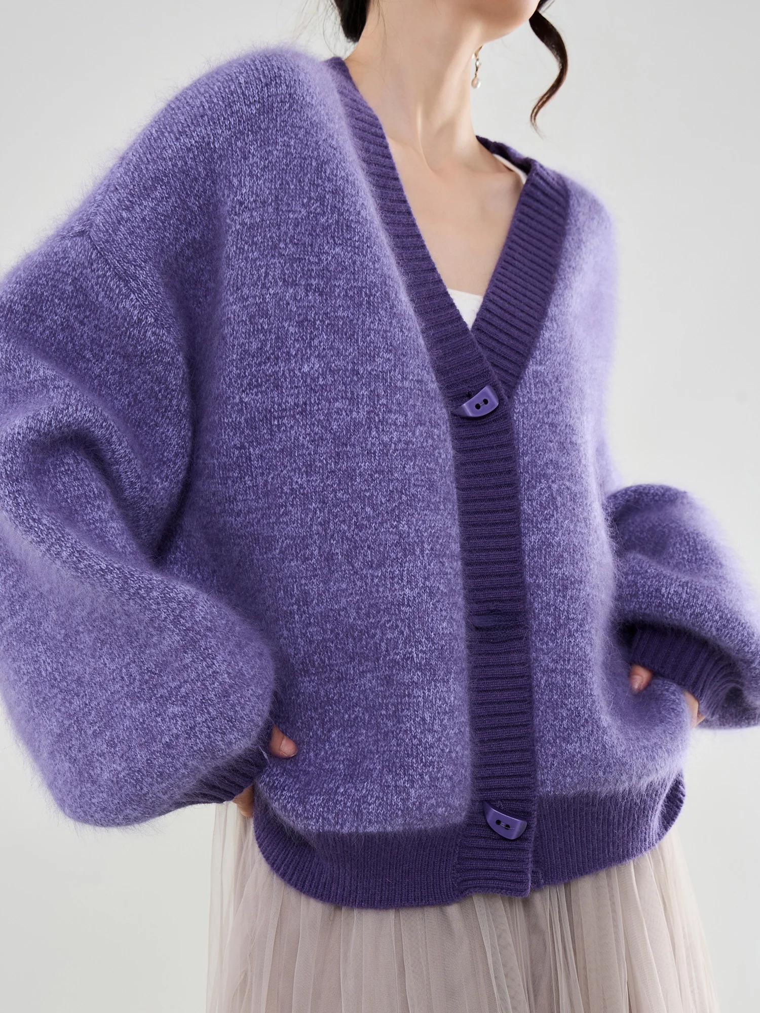 

Autumn Winter New Sle Purple Color Blo V Ne Knitted Open Cardigan Women's Lazy High End Feeling Sweater Fce Long Sve