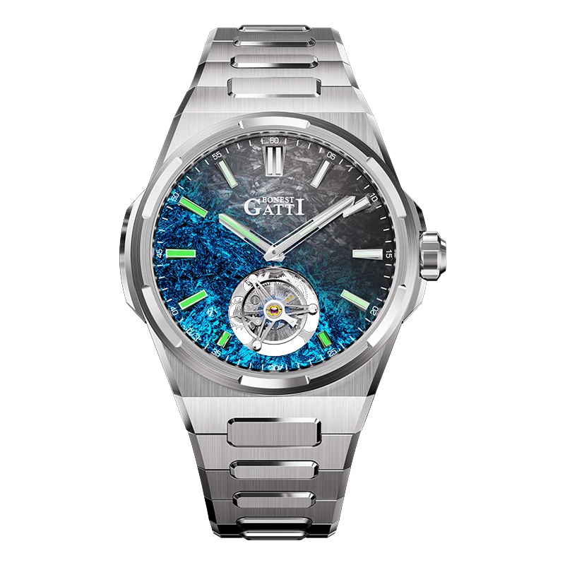 BONEST GATTI Men Tourbillon Watch 43mm Mechanical Wristwatch Sapphire Glass Luminous Crystal Carbon Fiber Dial