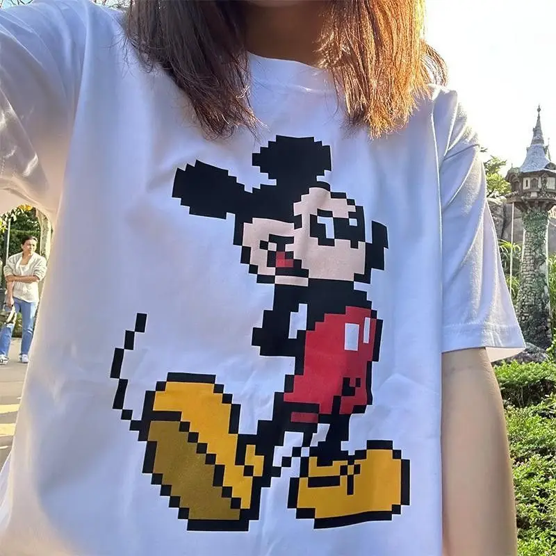 ديزني بيكسل ميكي بسيط الكرتون أنيمي طباعة أزياء المرأة عالية الجودة طاقم الرقبة تي شيرت فضفاض كبير الحجم قصيرة الأكمام أعلى #2