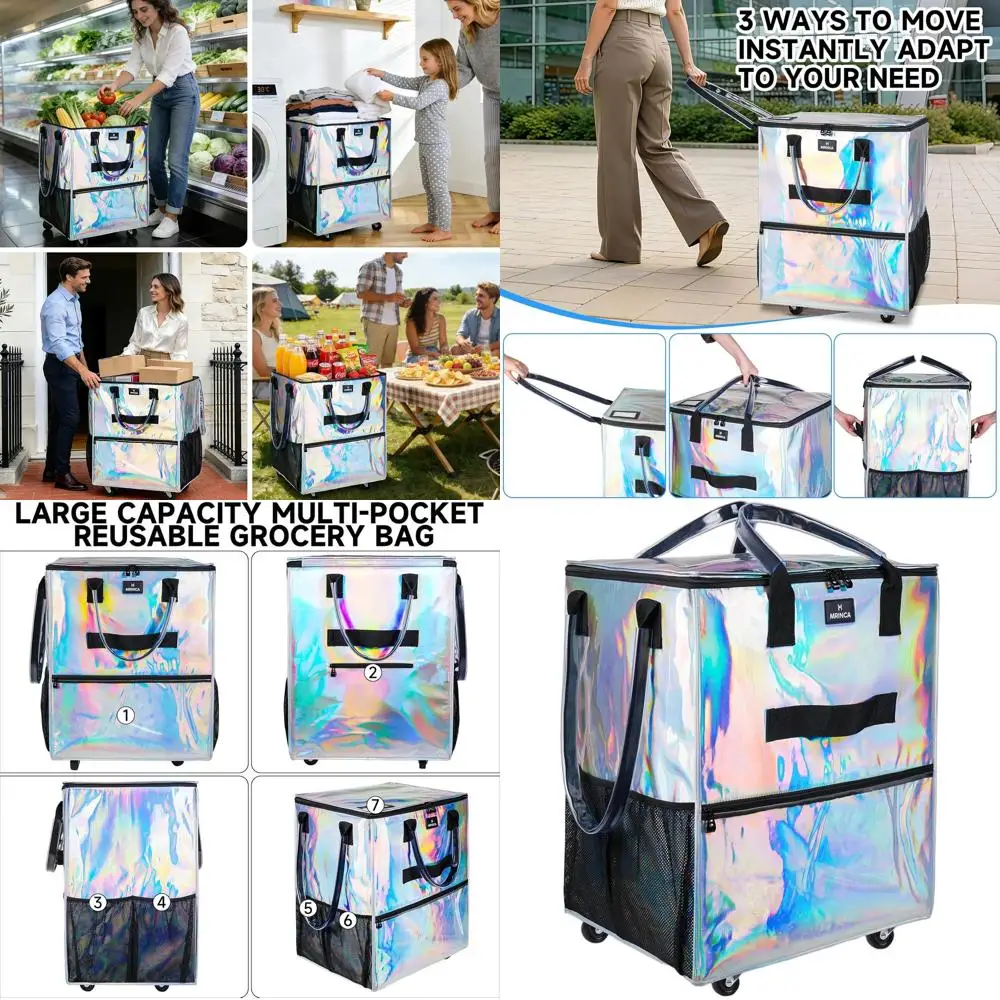 

Складная тележка для покупок на 130 л с 5 устойчивыми колесами, водонепроницаемая, с множеством карманов, усиленная, для перевозки продуктов на открытом воздухе