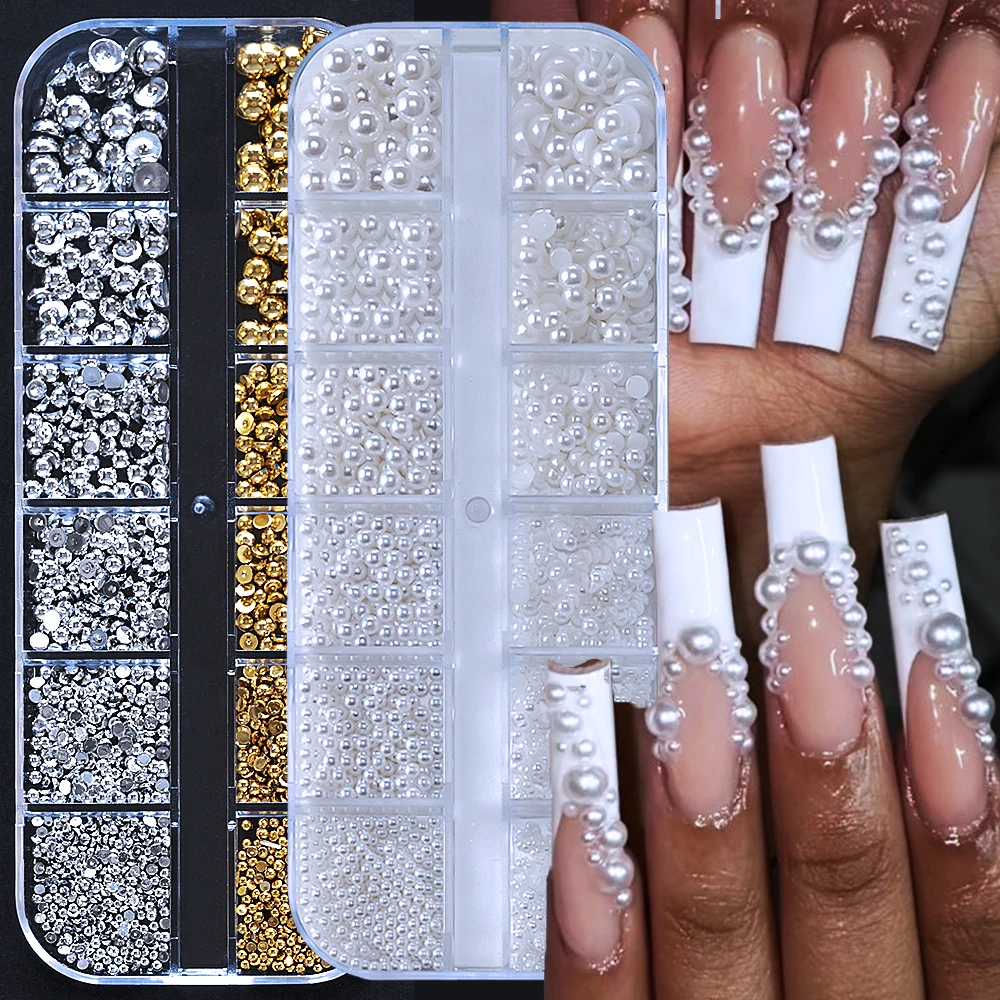 12 raster/doos witte parel goud zilver kraal nagel charmes gemengde grootte 0,15-0,5 cm volledige en halfronde 3D nagel decor DIY manicure sieraden