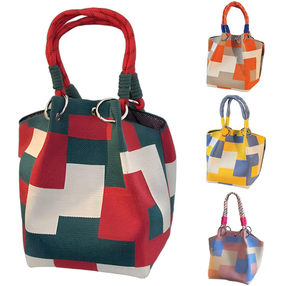 

Женская вязаная большая сумка с цветными блоками, сумка-ведро, сумка для хранения с регулируемыми ремнями и металлическими кольцами, застежка-кнопкой для повседневных путешествий