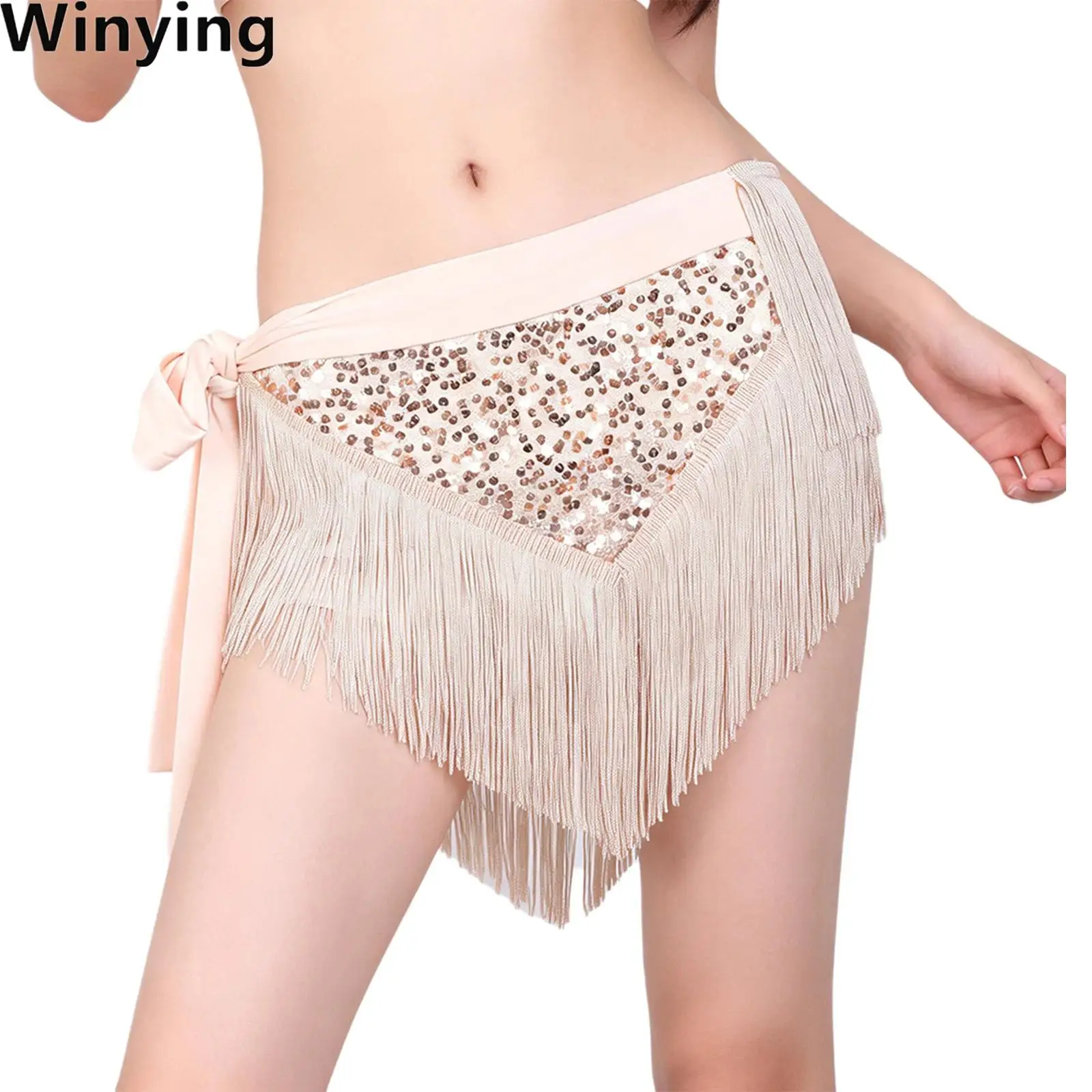 Women Sparkling Sequins And Tassel Hip Scarf Adjustable Asymmetrical Hem Wrap Skirt for Latin Tango Dance Stage Performance Club
