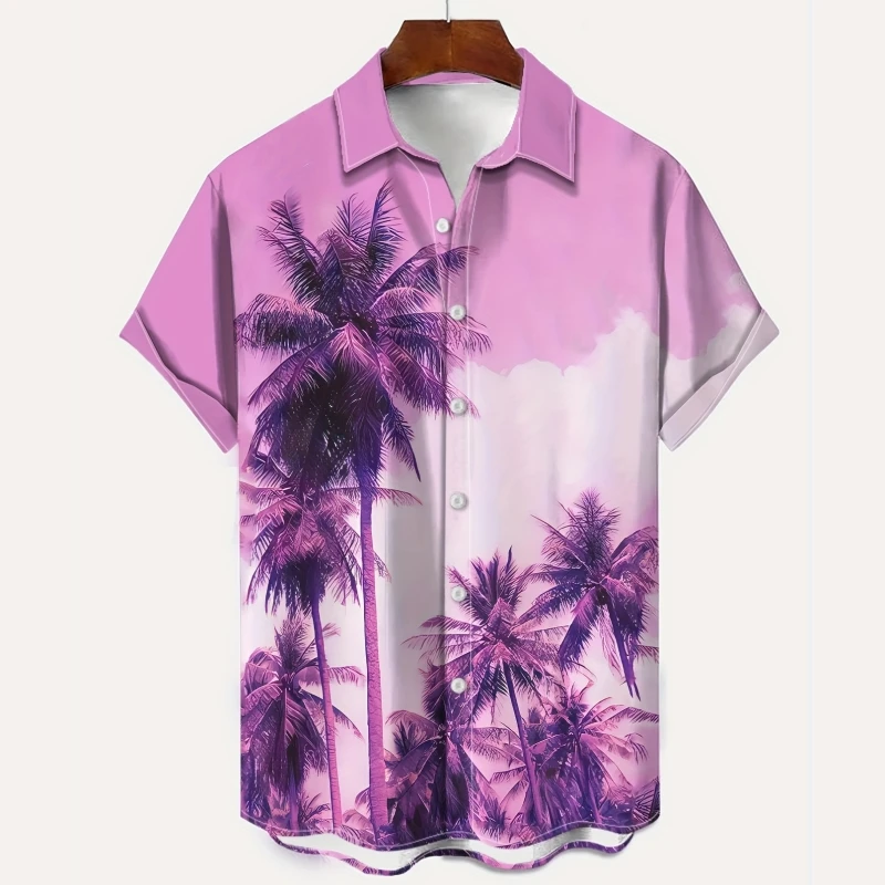 Hawaiian Men's Shirt Short Sleeve Printed Tee Summer Loose Lapel Button-Down Shirts Palm Tree Graphic Top Oversized Men Clothing