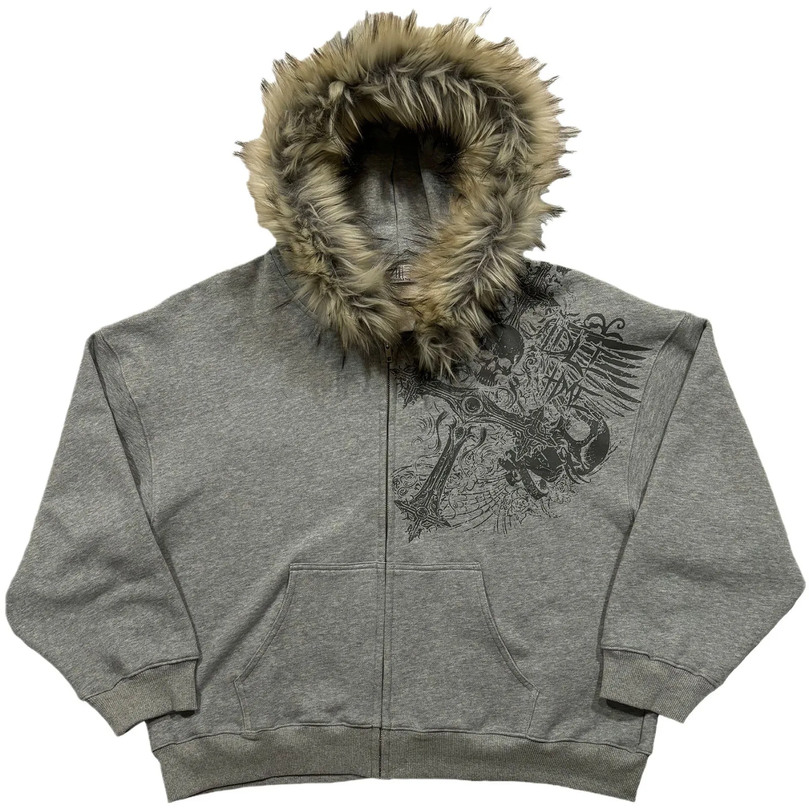 Autumn Winter Y2k Women Aesthetic Harajuku Faux Fur Collar Hoodies Clothes Printing Pattern Hip Hop Punk Gothic Zip Up Hoodies