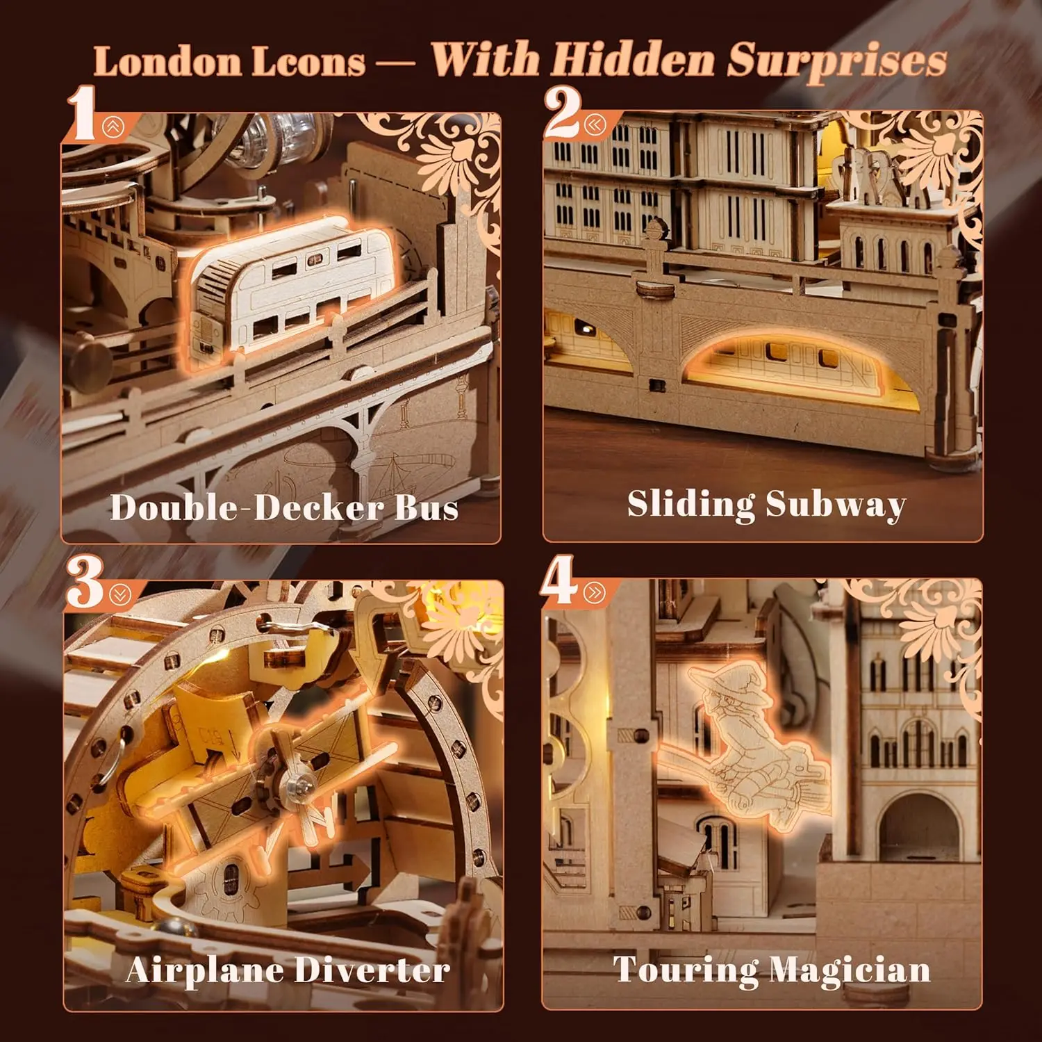 Robotime Rokr 3D Puzzles en bois ville de Londres Miniature marbre course jouets de construction bricolage Pinball Machine modèle Kits Gear Ball Challeng