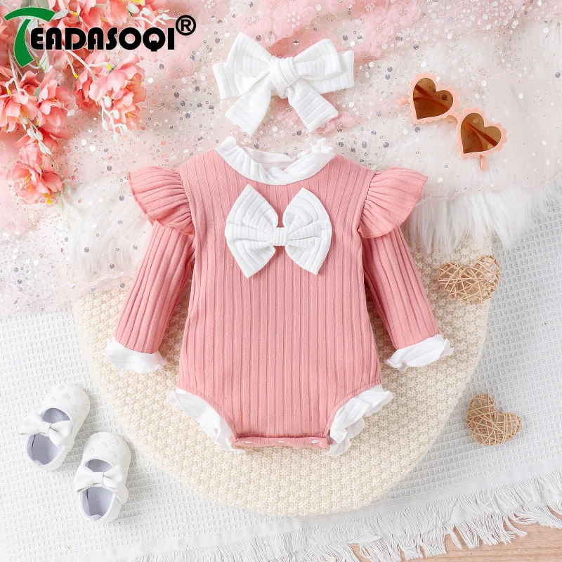 

0-18M Toddler Baby Girls Clothing Suit Romper Striped Pit Flying Shoulder Long Sleeves Top Jumpsuit+Headscarf Headband 2Pcs Set