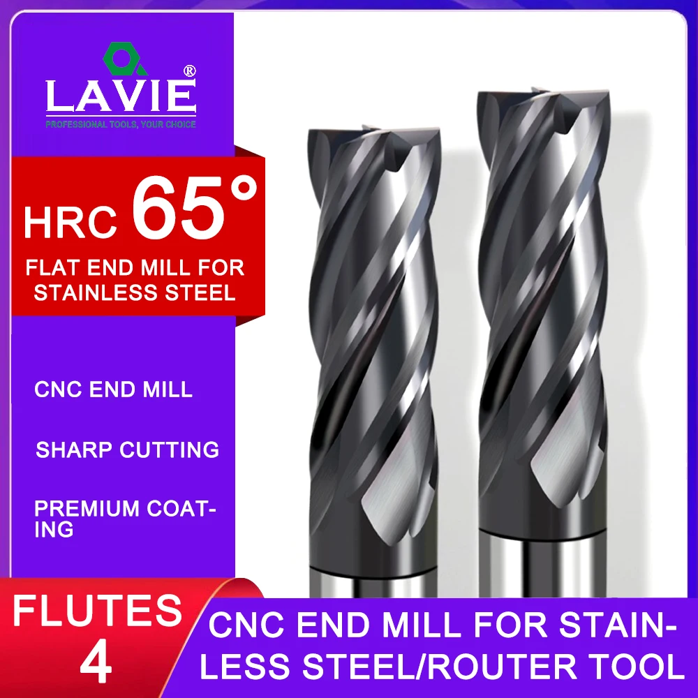 HCR65° 4 Flute Solid Tungsten Carbide Milling Cutter, Flat End Mill for Stainless Steel, CNC Cutting Tools Bit Milling D1-16 MM