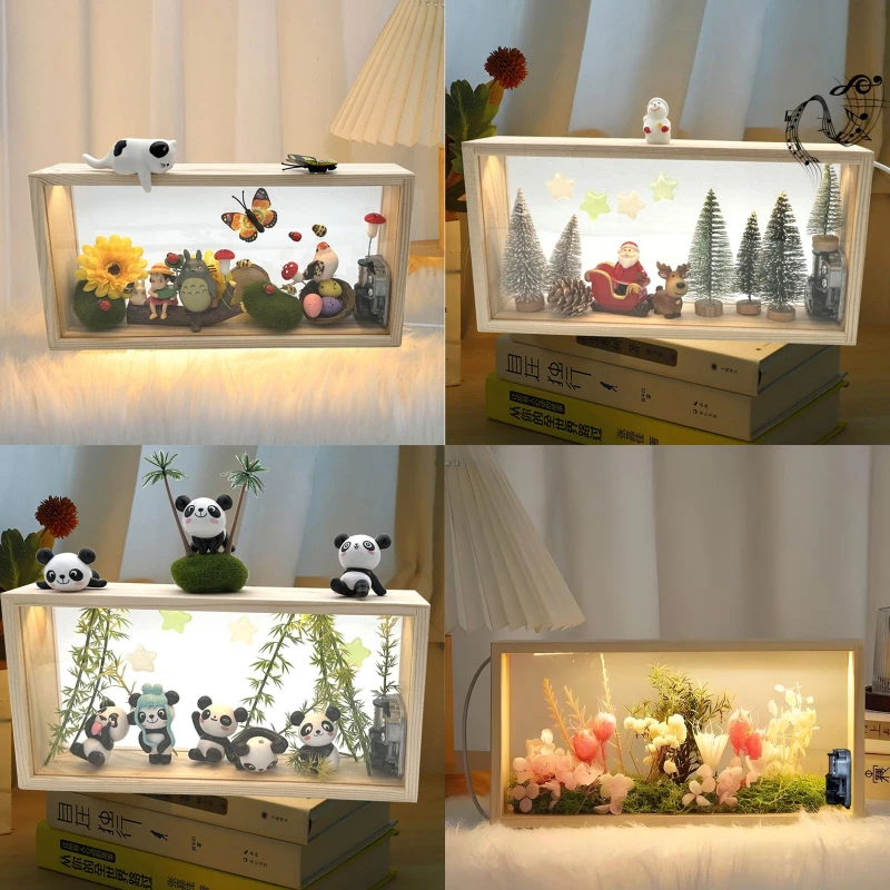 3D Shadow Box 5 Wooden Dried Flower Photo Frame with  Night Light Emitting Diode Character Display Box