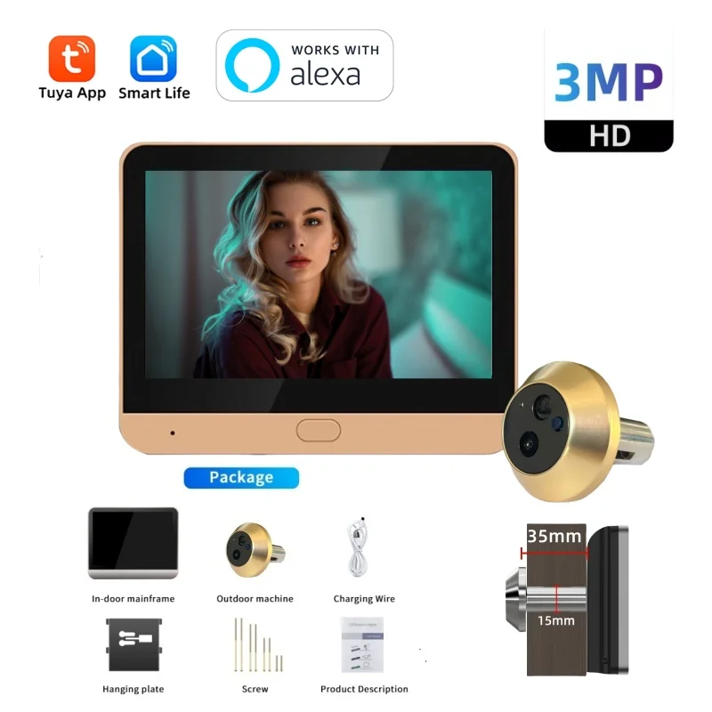 Gold Color Tuya Smart 2.4G WIFI Peephloe Door Camera 3MP One Way Audio Video Door Eye Camera Works With Alexa For Home