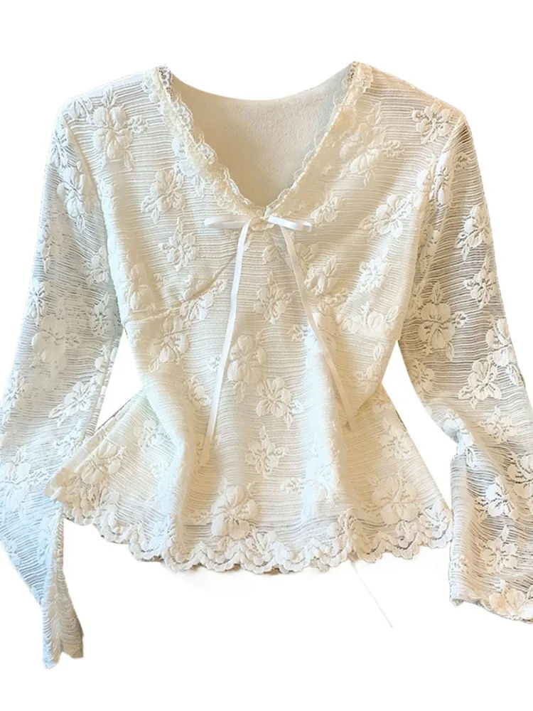 Women's Fce Lined V-Ne T-irt with Tie Unique Beautiful Inner Wear Spring Autumn Season  Color Embroidered Top