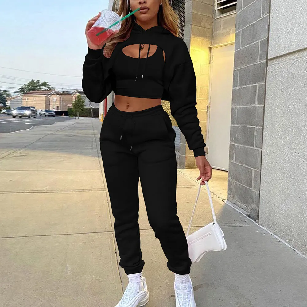 Women 3 Pieces Sets Sweatpants and Hoodie Set Cropped Tops Fleece Pants Suit Tracksuit Fitness Sport Jogger Outfit Clothing