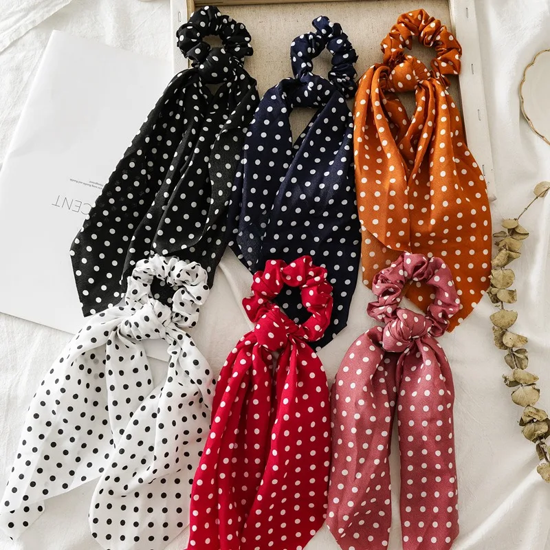 Polka Dot Print Chiffon Long Ribbon Scrunchies Women Girls Ponytail Holder Elastic Rubber Bands Hair Ties Ropes Hair Accessories