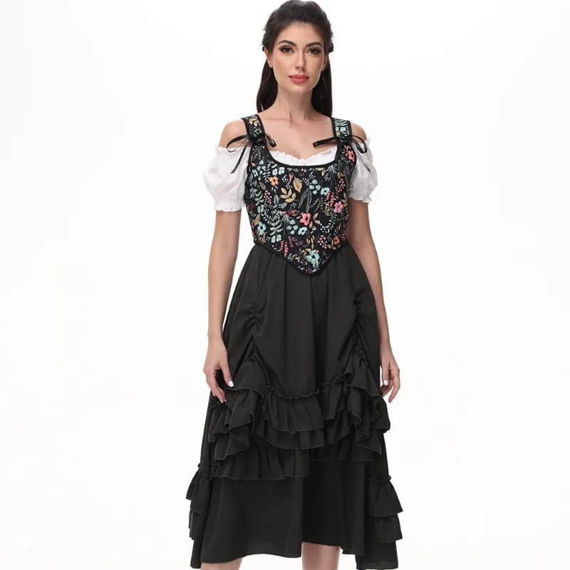 

Women Black Floral Print Strap Corset Top Square Neck Ribbon Tie Waist Cincher Vintage Bustier Casual Party Shaper