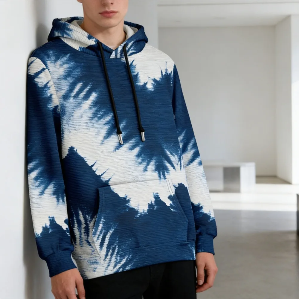 ​Men's Casual Hoodie Blue White Gradient Tie Dye Sweatshirt Modern Streetwear Pocket​ Oversized Pullover Minimalist Outerwear