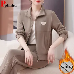 Casual Thicken 2 Piece Sets Women Zipper Long Sleeve Sweatshirt Tops Conjuntos Winter Warm Velvet Lined Straight Pants Tracksuit
