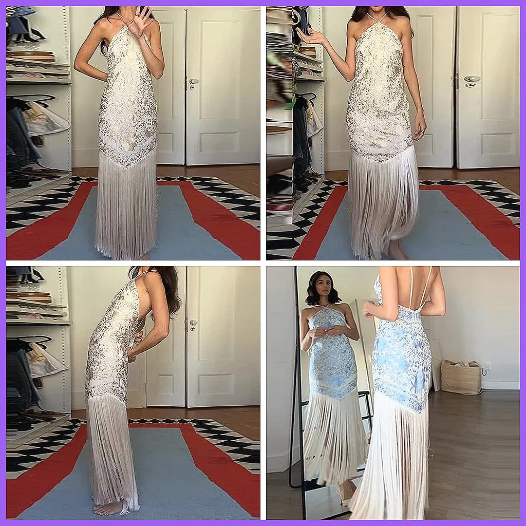 

French Style High Waist Satin Evening Dress with Backless Halter Neck & Tassel Hem