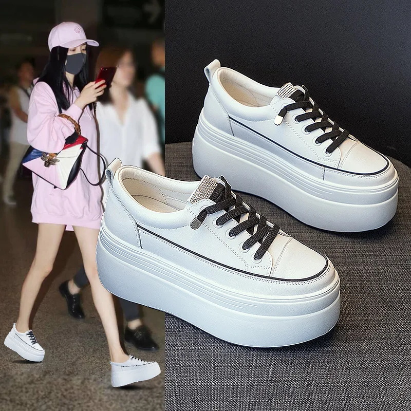 8cm White Genuine Leather Platform Heel Women Flats Shoes Comfortable Casual Creepers Chunky Sneaker Summer Shoes Women