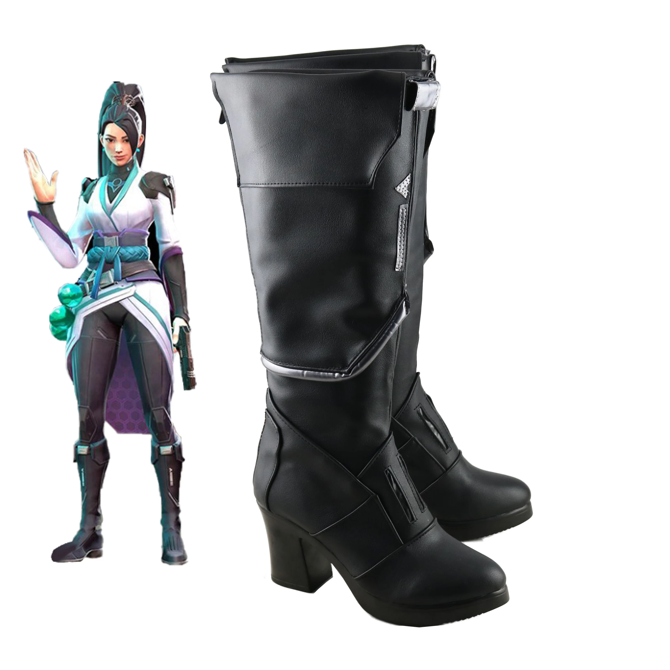 Valorant-sage cosplay sapatos de couro de salto alto meados de bezerro botas halloween masquerade carnaval desempenho festa traje adereços