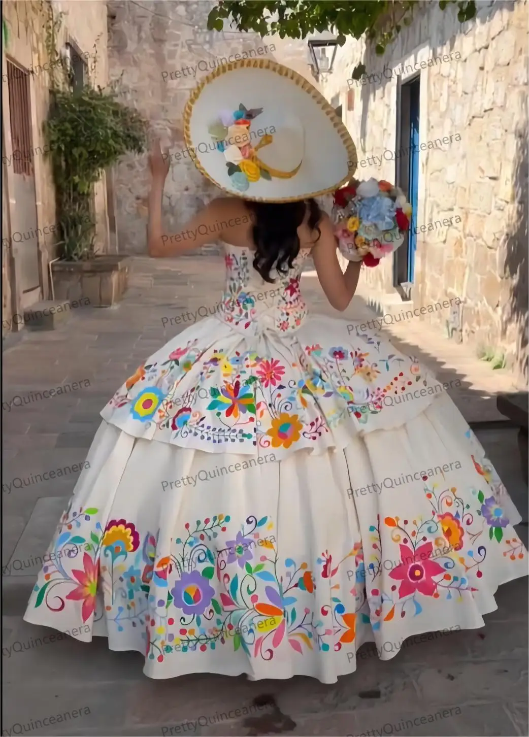 PrettyQuinceanera Princess Ivory Mexican Tiered Skirt Handcrafted Floral Embroidery Quinceanera Dresses Custom Made Charro Style