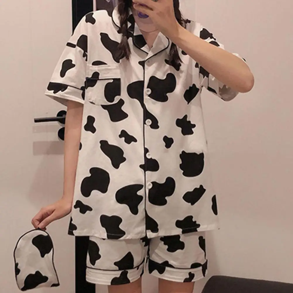 2 Pcs/Set Women Pajamas Set Korean Style Striped Sleeping Short Sleeves Cartoon Cow Print Lady Night Clothes Women Clothes