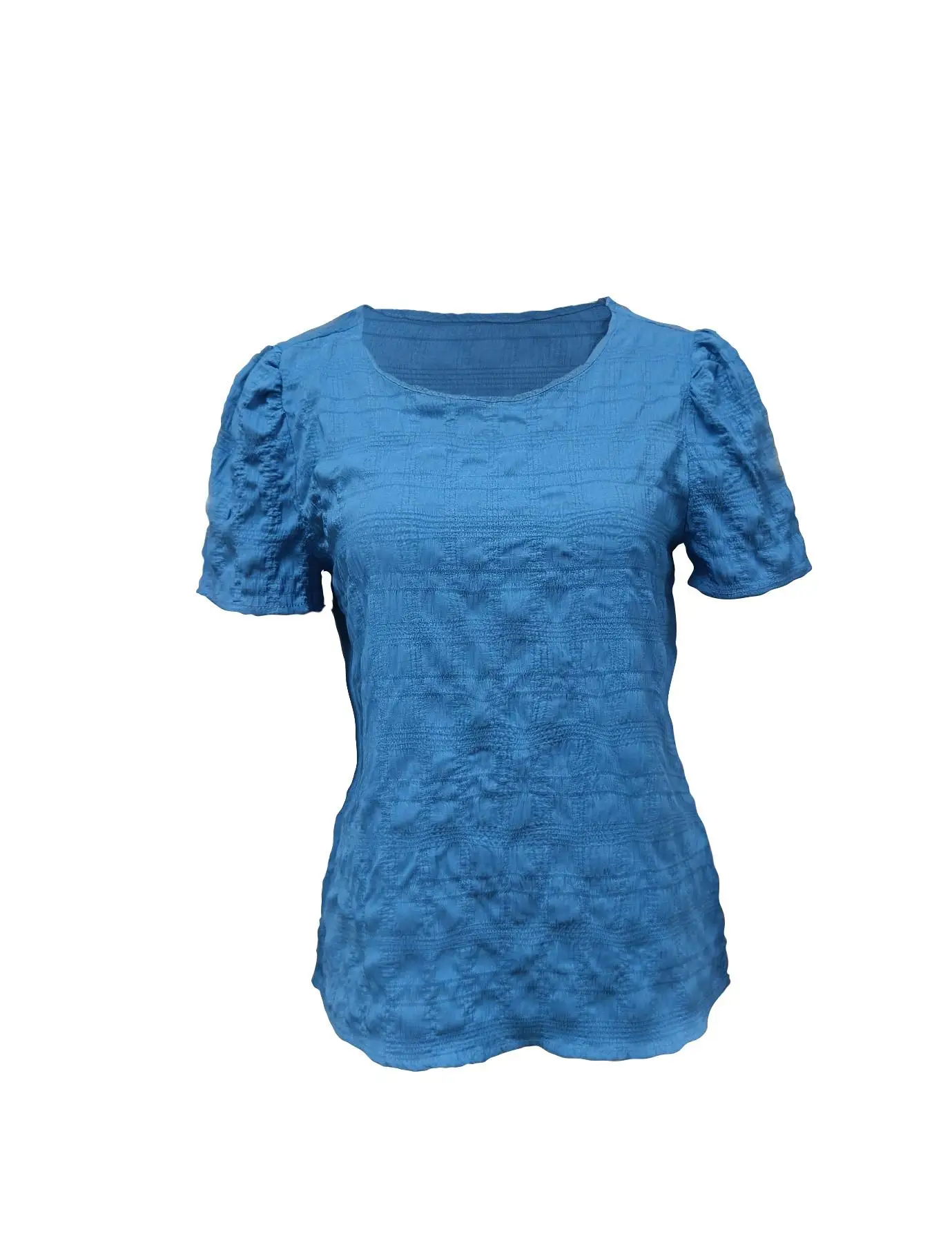 Women's Plain Textured Puff Sleeve Blouse, Casual Short Sleeve Round Neck Top for Summer, Ladies Clothes for Daily Wear