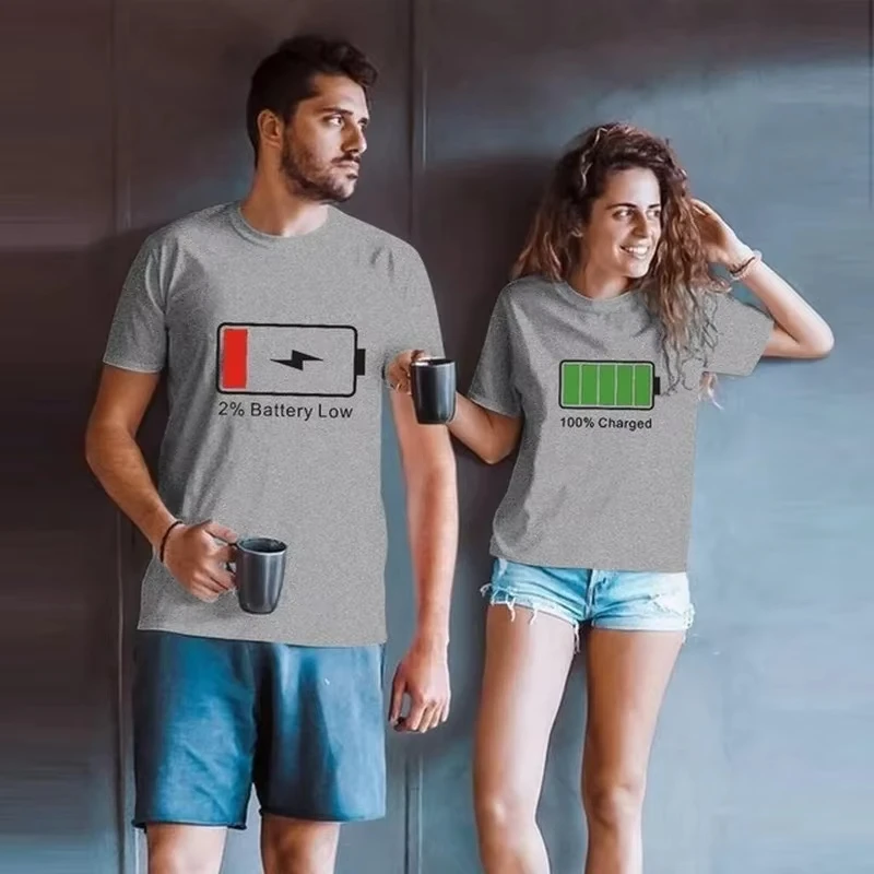 King Queen Couples T Shirt Battery Low Print Couple Tshirt Summer Fashion Woman T-shirt Casual O-Neck Tops Lovers Tee Shirt