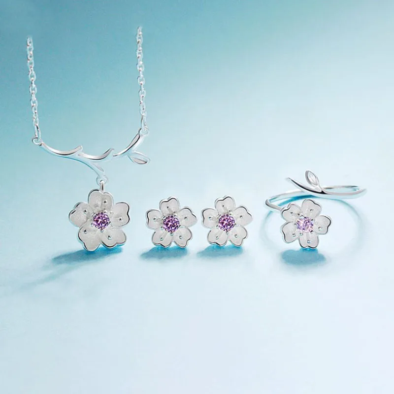 925 Sterling Silver Jewelry Sets Romantic Cherry Blossoms Flower Necklace+Earrings+Ring+Bracelet For Women