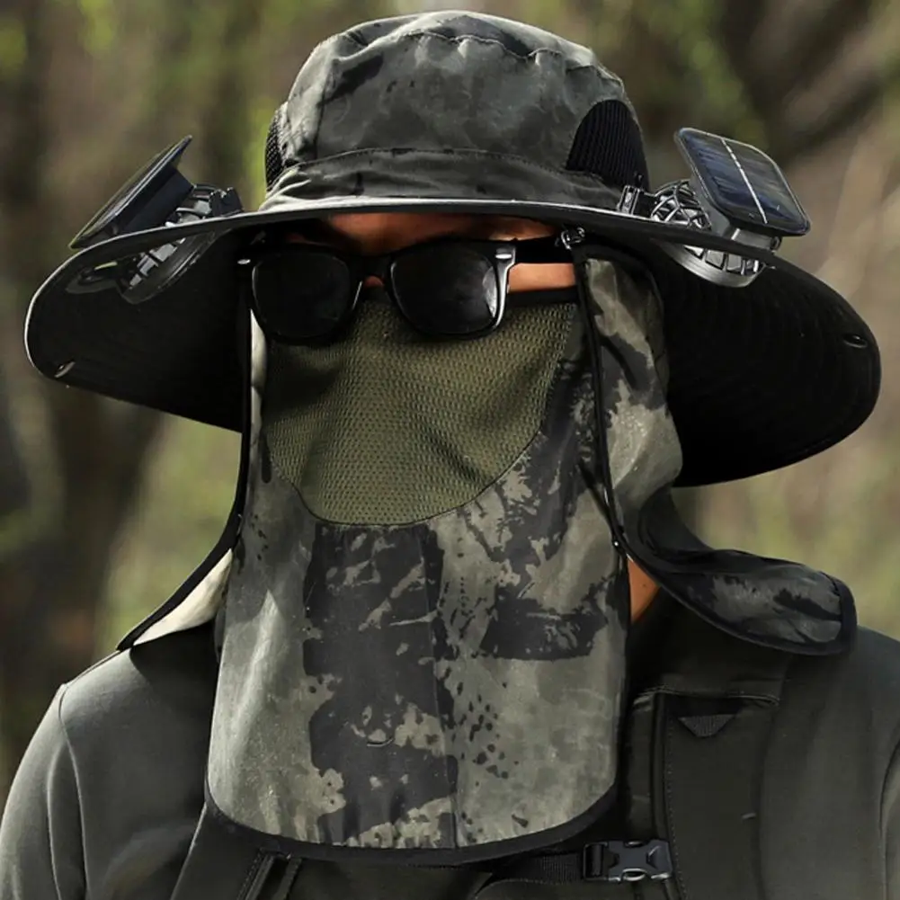Solar Fan Hat with Neck Flap Face Guard Wide Brim UV Cooling Fan Fishing Hat Rechargeable Foldable Men Hiking Sun Hat