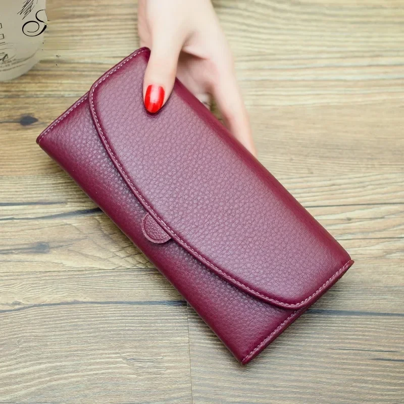 

Women Fashion Genuine Cow Leather Long Wallet Cowhide Large-capacity Card Holder Gift Cellphone Clutch Solid Money Clip Purse 7Z