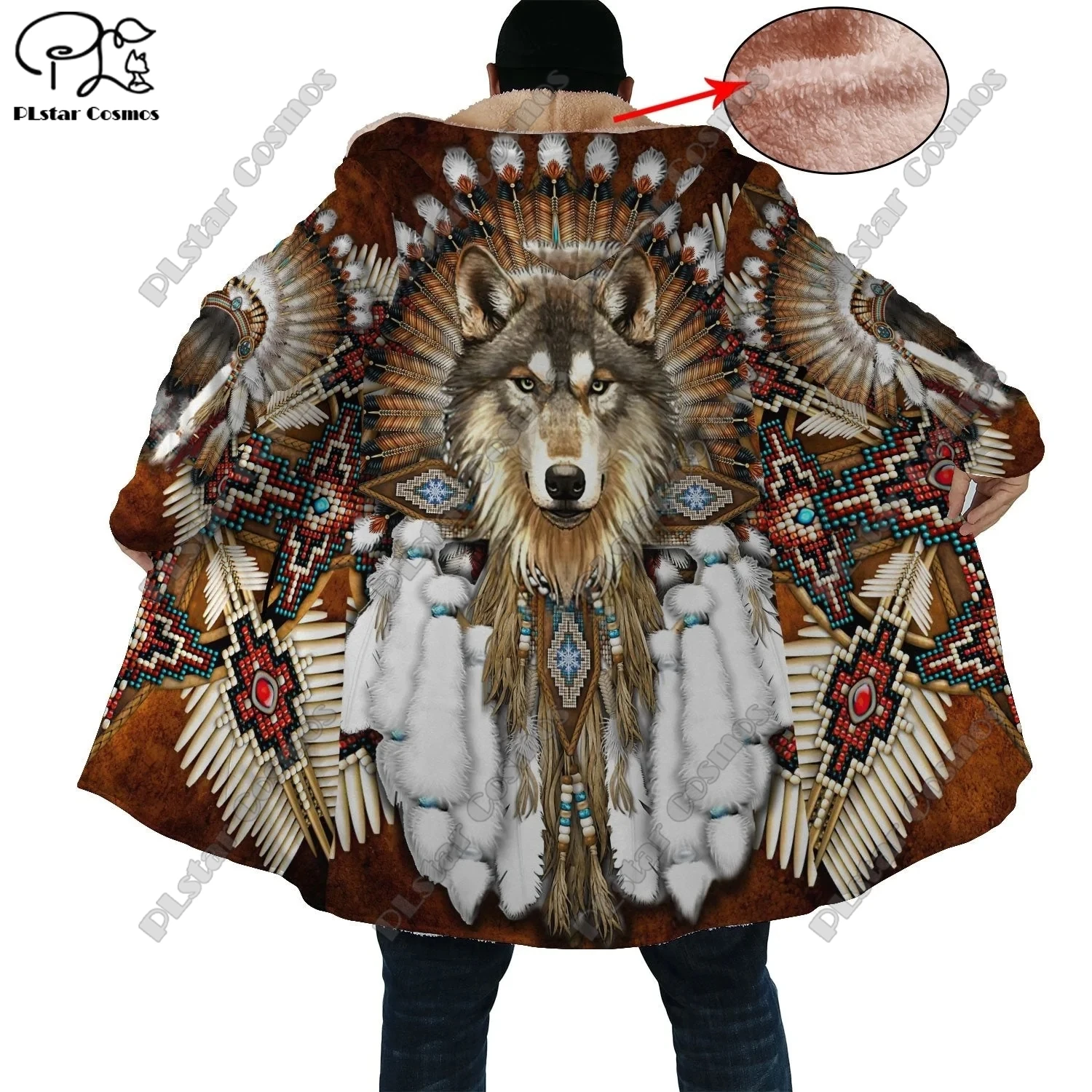 

3D printed retro aboriginal tribal feather totem hooded cloak jacket winter plus velvet unisex warm jacket B-2