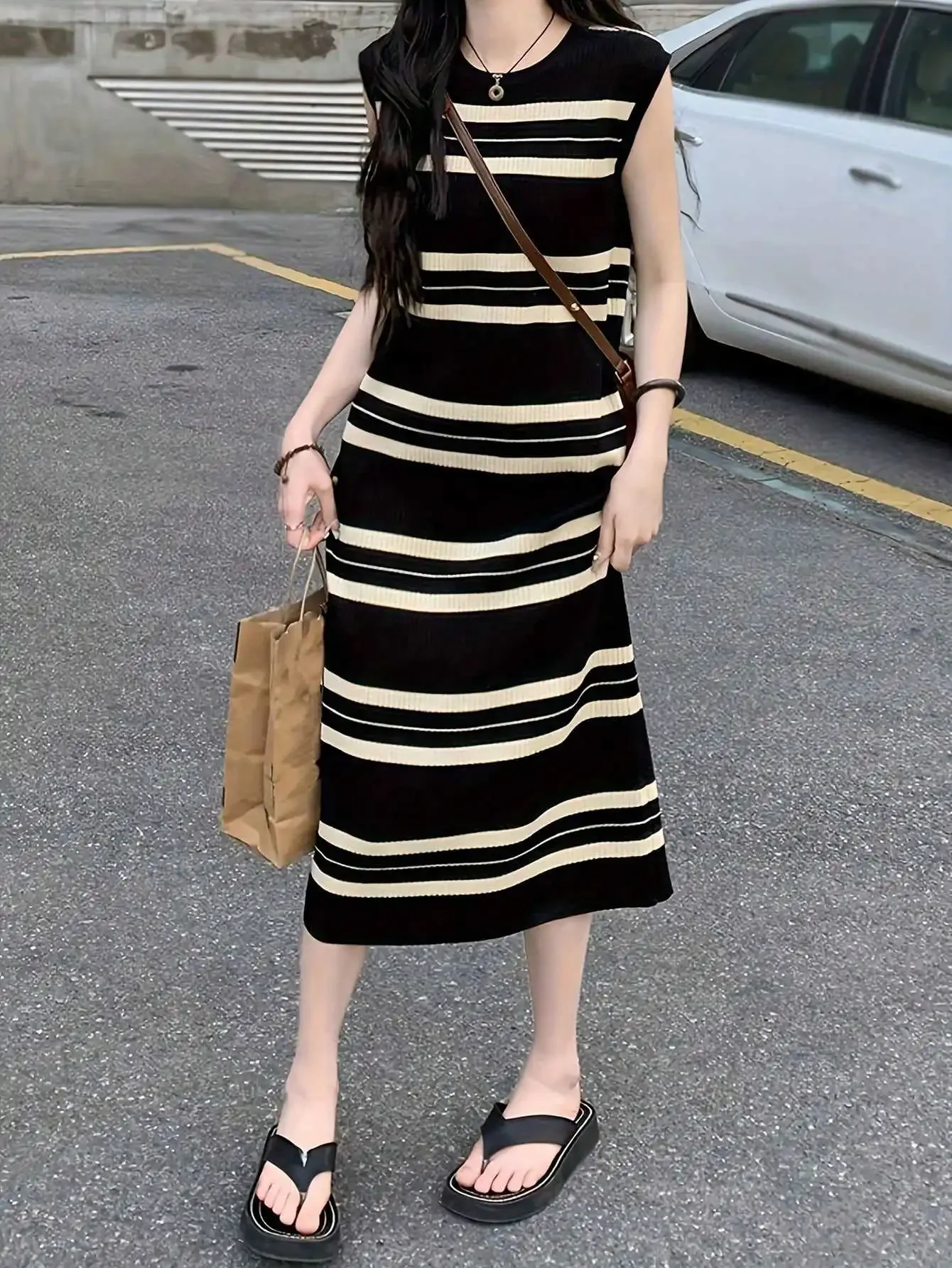 Summer French sle Black Stripe Knit vest One piece Dress Women clothing Small Temperament Casual Slimming Sleeveless Long M25