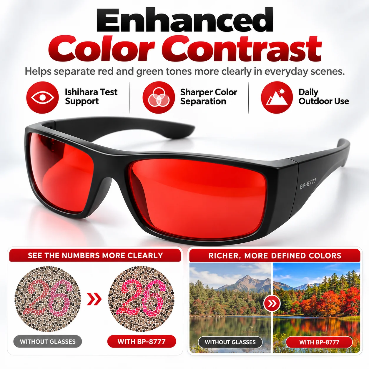 BP-8777 Red-Green Color Vision Support Glasses, Contrast Enhancing Red Lens Sunglasses, Lightweight Wraparound Eyewear