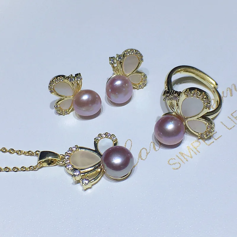 

Freshwater Pearl Pendant for Women Summer Korean Version 8-9mm Butterfly Shell Style Three-Piece Set Fashion Simple Elegant