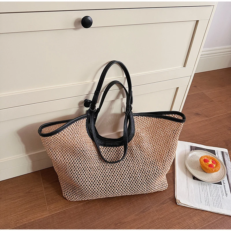 Große gewebte Tragetasche, Damen Frühlingstrendige Kontrastfarbene Hochwertige Vielseitige Schultertasche mit Henkel und Henkelgriff – Detail 1