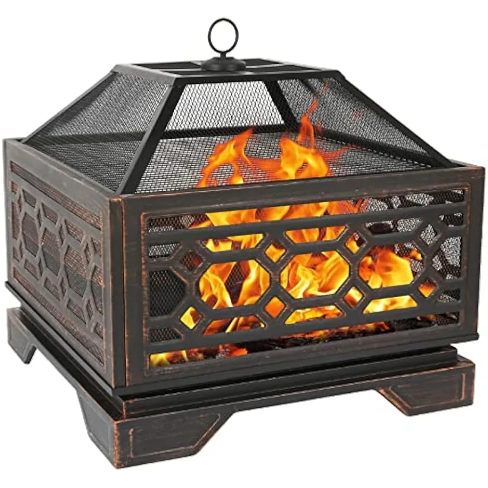 26 Inch Outdoor Fire Pit Square Extra Deep Wood Burning Firepits Large Bonfire with Cooking Grate & Poker for Outside