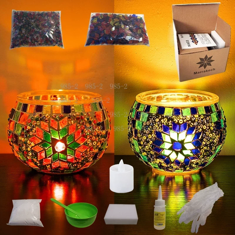 Retro Mosaic Bowl Shaped Candlestick, Glass Candle Holder for Wedding Confession Decor
